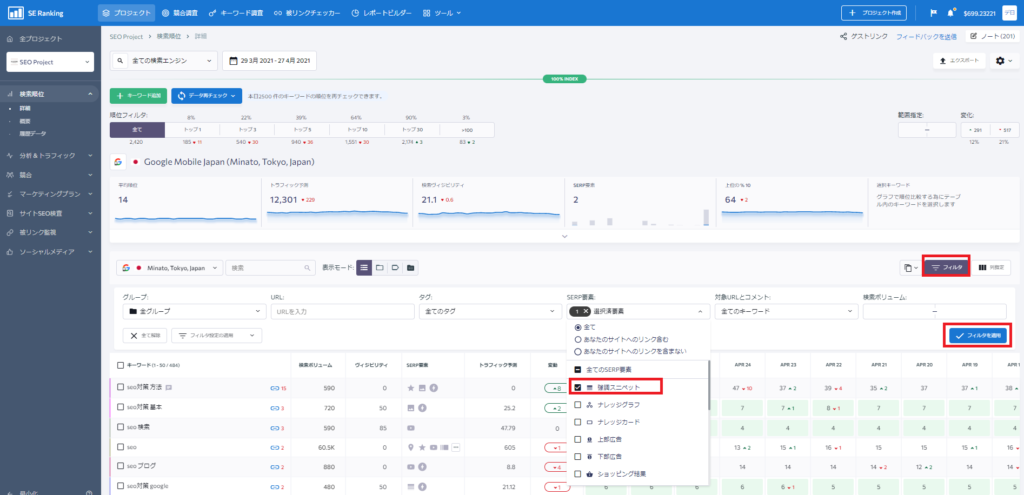 SERP要素から強調スニペット表示されているクエリをフィルタ抽出