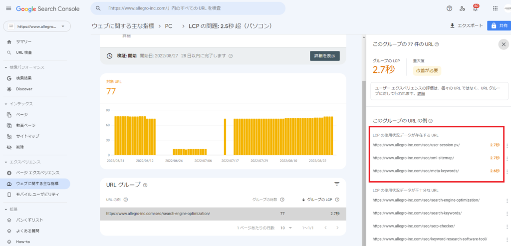 コアウェブバイタル - 使用状況データが存在するURL